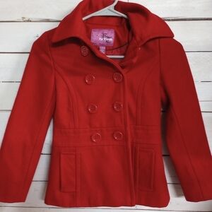 Epic Threads Red Pea Coat Hooded Jacket Girls Small Wool Blend Lined